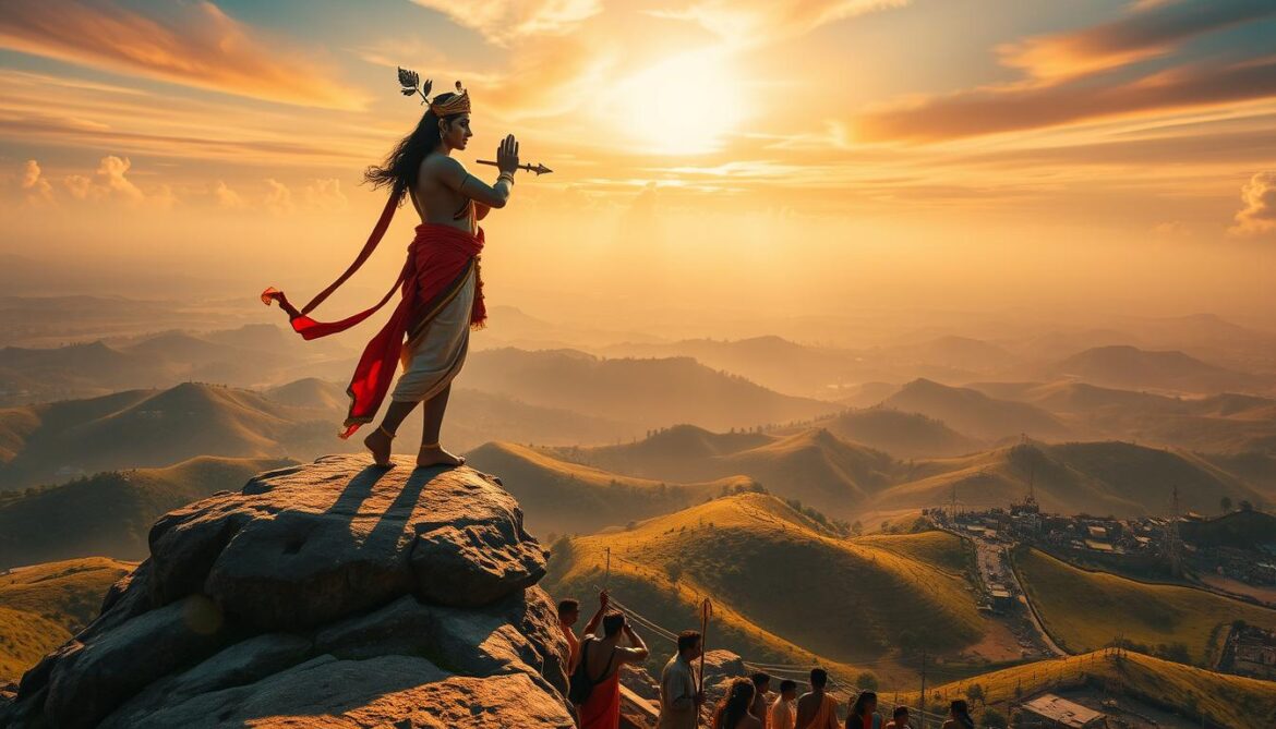 Krishna lifting Govardhan Hill